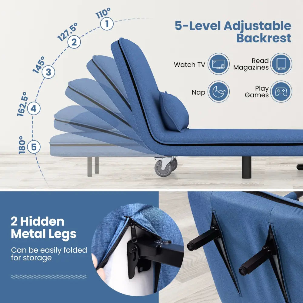 3-in-1 Convertible Sofa Bed with 5-Position Adjustable Backrest and Lumbar Pillow-Blue - Blue - Accent Chairs