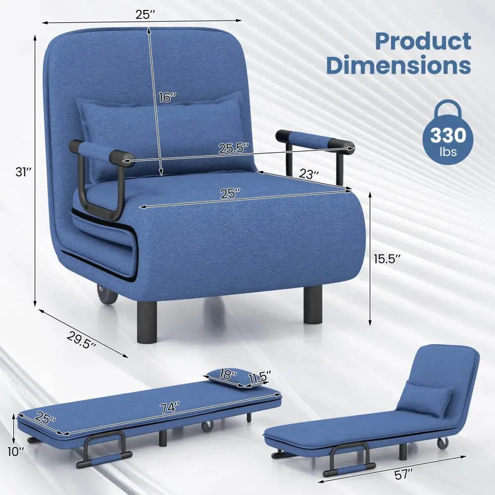 3-in-1 Convertible Sofa Bed with 5-Position Adjustable Backrest and Lumbar Pillow-Blue - Blue - Accent Chairs
