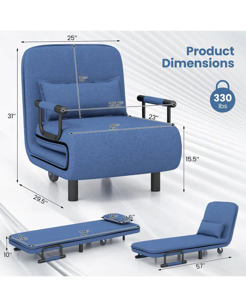 3-in-1 Convertible Sofa Bed with 5-Position Adjustable Backrest and Lumbar Pillow-Blue - Blue - Accent Chairs