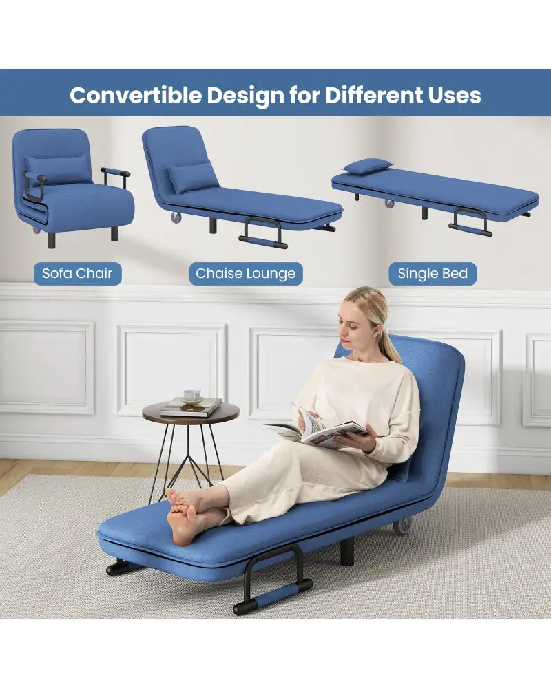 3-in-1 Convertible Sofa Bed with 5-Position Adjustable Backrest and Lumbar Pillow-Blue - Blue - Accent Chairs