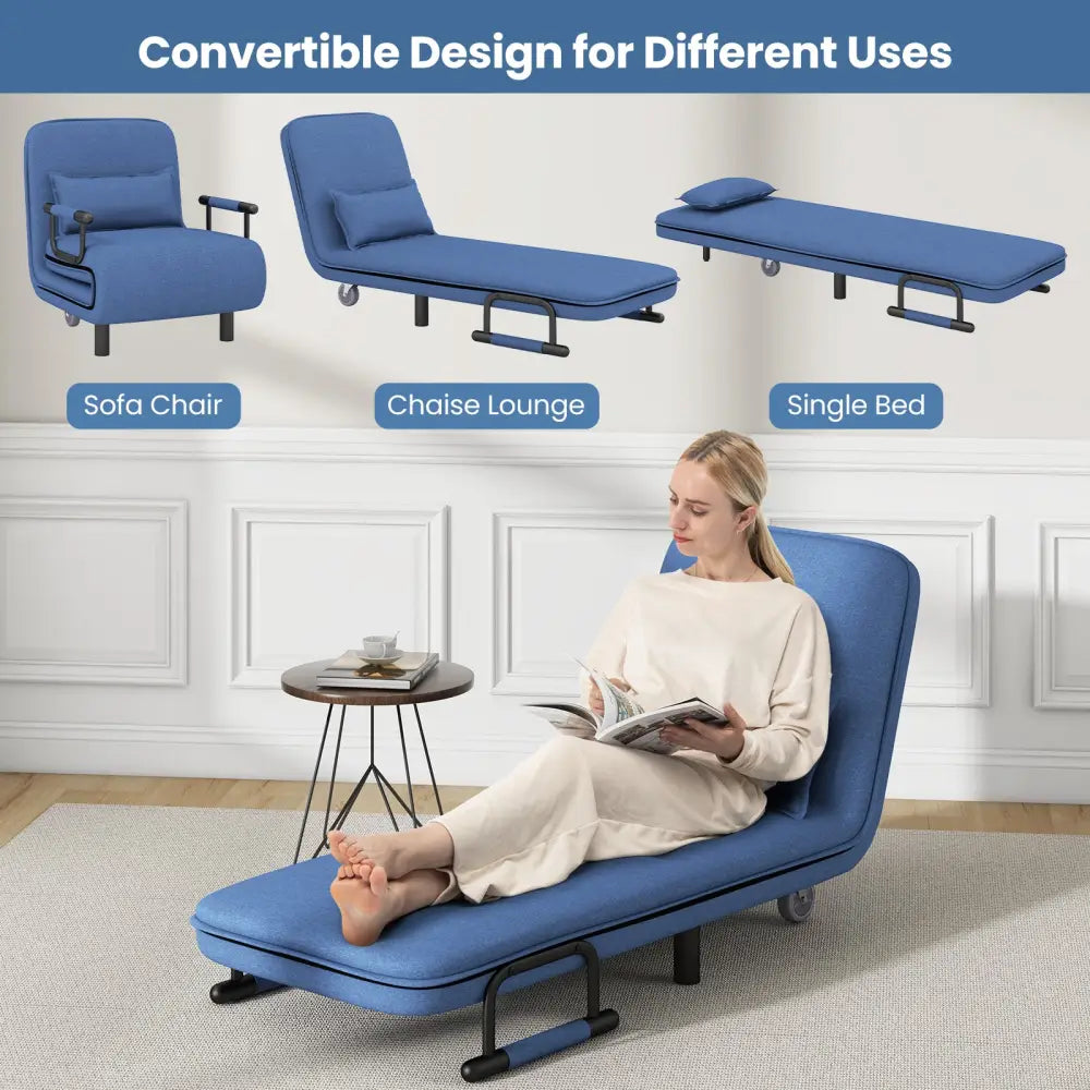 3-in-1 Convertible Sofa Bed with 5-Position Adjustable Backrest and Lumbar Pillow-Blue - Blue - Accent Chairs