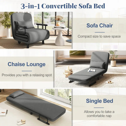 3-in-1 Convertible Sofa Bed with 5-Position Adjustable Backrest and Lumbar Pillow-Dark Gray Costway