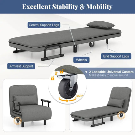 3-in-1 Convertible Sofa Bed with 5-Position Adjustable Backrest and Lumbar Pillow-Dark Gray Costway