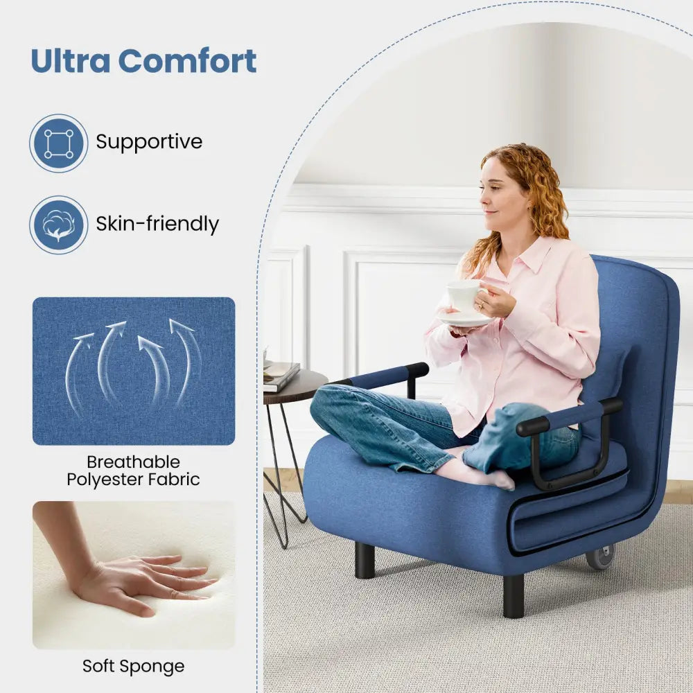 3-in-1 Convertible Sofa Bed with 5-Position Adjustable Backrest and Lumbar Pillow-Blue - Blue - Accent Chairs