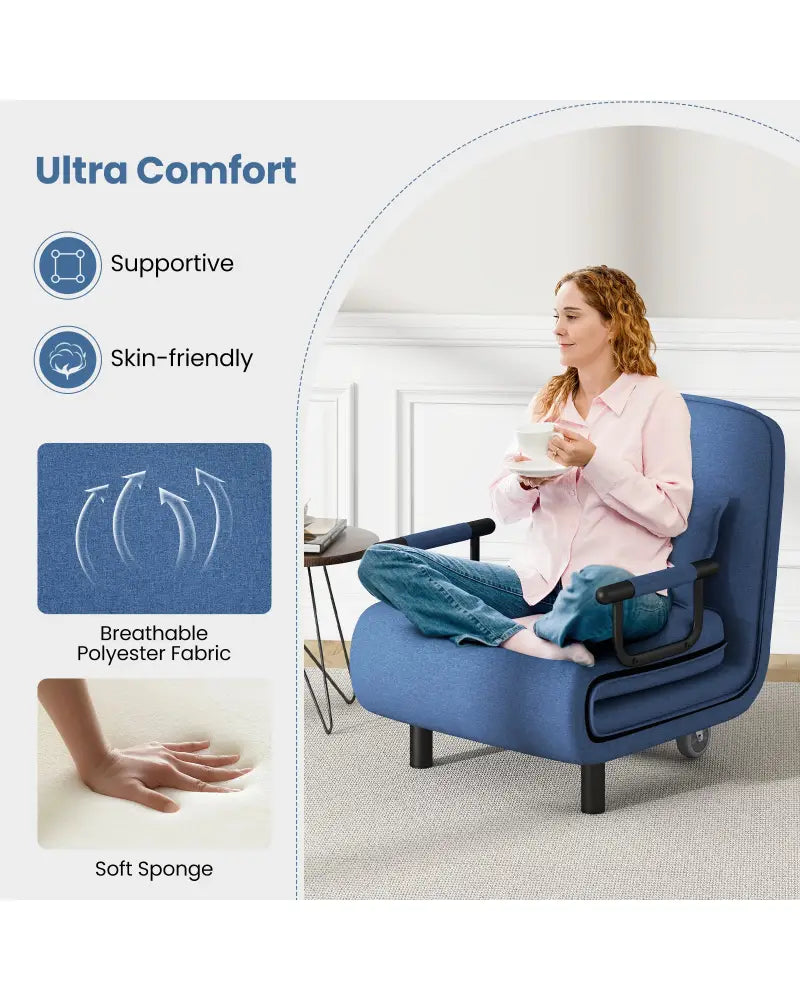 3-in-1 Convertible Sofa Bed with 5-Position Adjustable Backrest and Lumbar Pillow-Blue - Blue - Accent Chairs