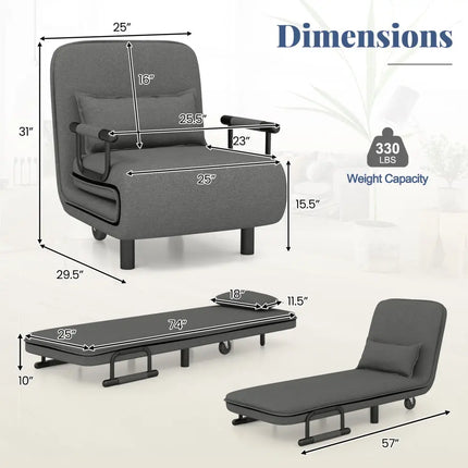 3-in-1 Convertible Sofa Bed with 5-Position Adjustable Backrest and Lumbar Pillow-Dark Gray Costway