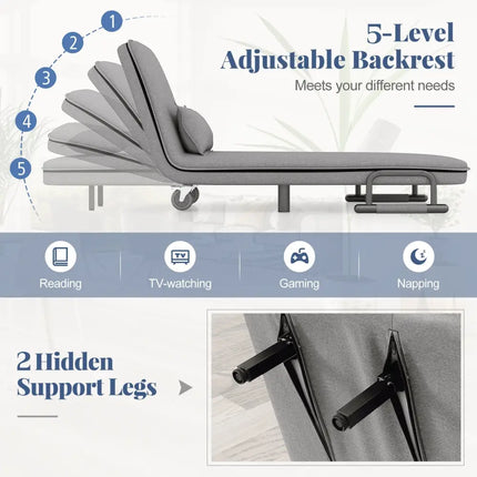 3-in-1 Convertible Sofa Bed with 5-Position Adjustable Backrest and Lumbar Pillow-Gray Costway