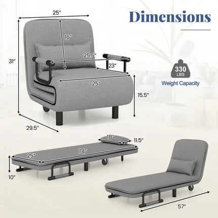 3-in-1 Convertible Sofa Bed with 5-Position Adjustable Backrest and Lumbar Pillow-Gray Costway