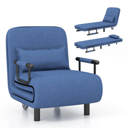 3-in-1 Convertible Sofa Bed with 5-Position Adjustable Backrest and Lumbar Pillow-Blue - Blue - Accent Chairs