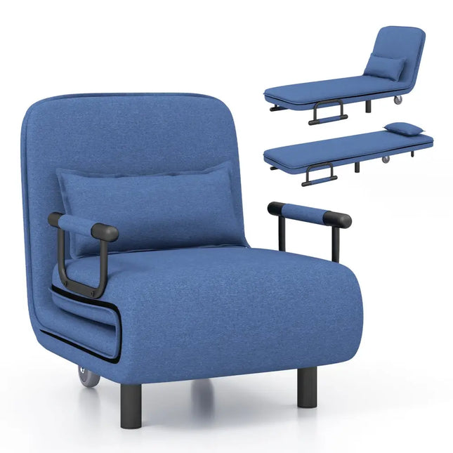 3-in-1 Convertible Sofa Bed with 5-Position Adjustable Backrest and Lumbar Pillow-Blue - Blue - Accent Chairs
