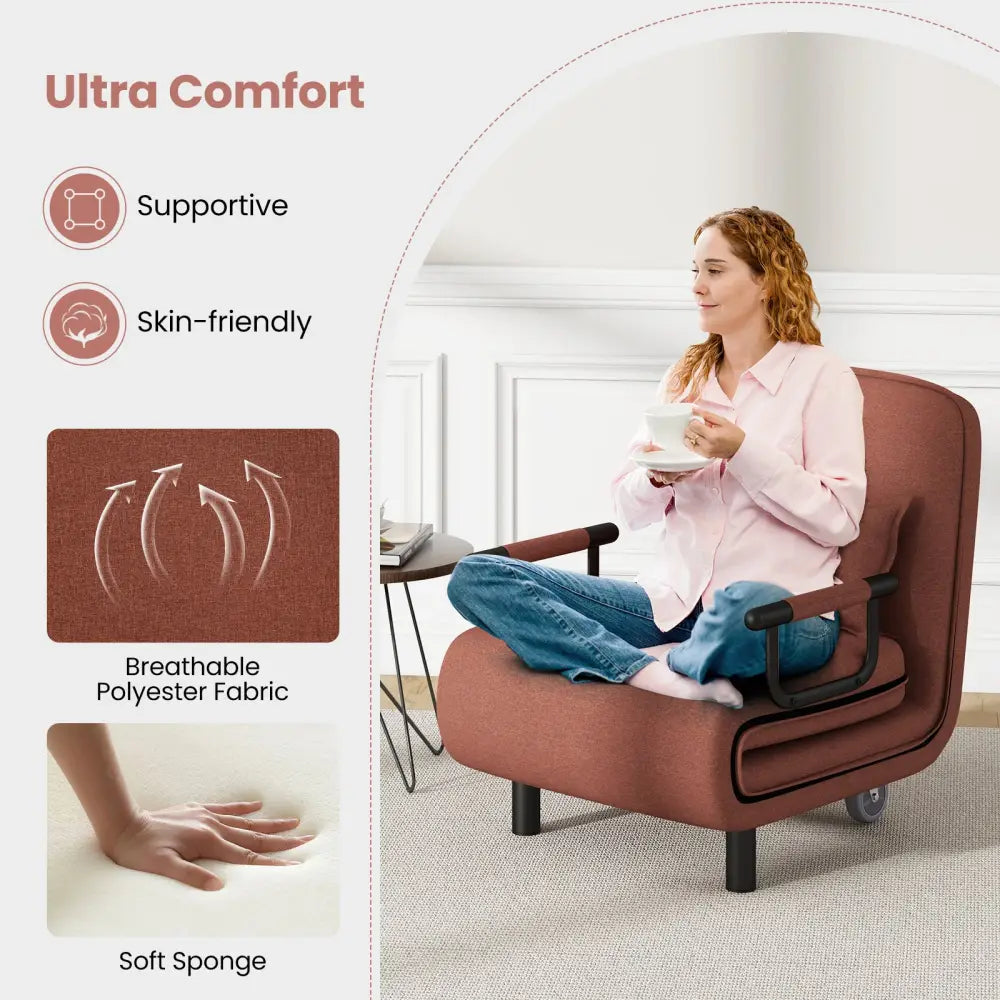 3-in-1 Convertible Sofa Bed with 5-Position Adjustable Backrest and Lumbar Pillow-Brown - Brown - Accent Chairs