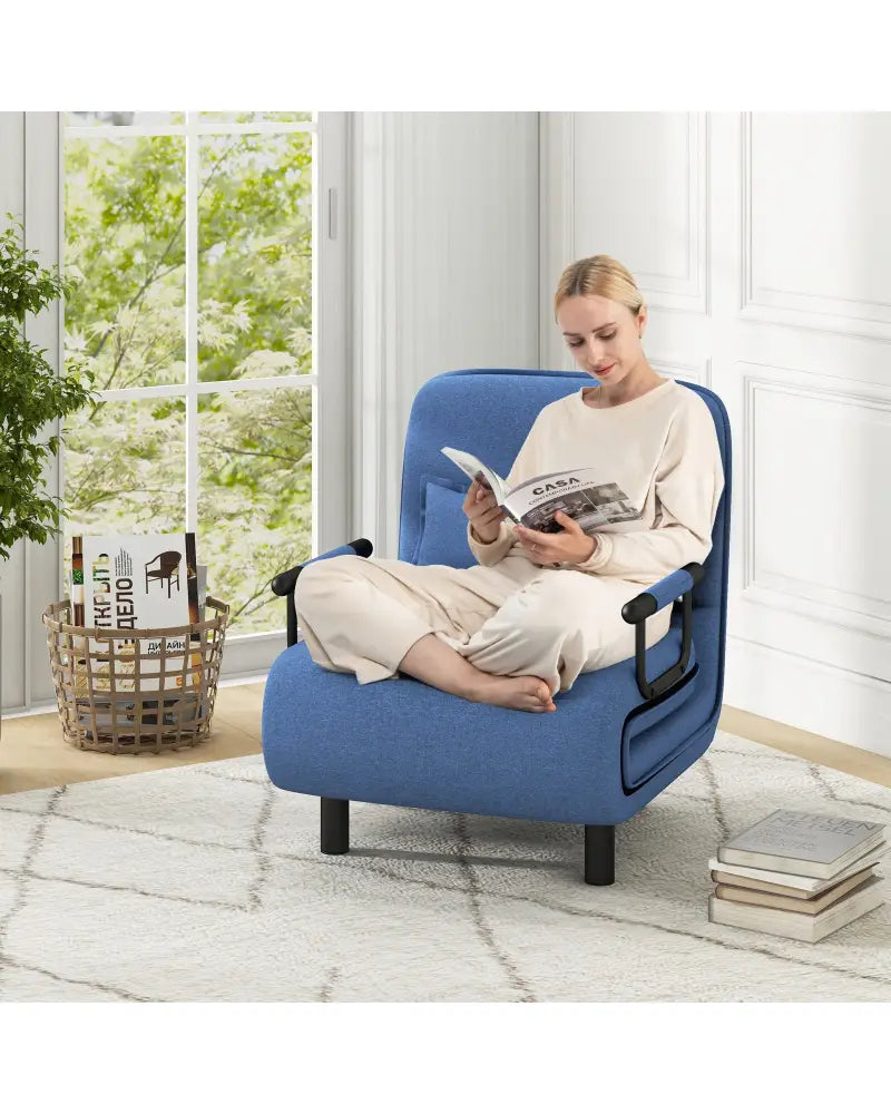 3-in-1 Convertible Sofa Bed with 5-Position Adjustable Backrest and Lumbar Pillow-Blue - Blue - Accent Chairs