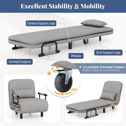 3-in-1 Convertible Sofa Bed with 5-Position Adjustable Backrest and Lumbar Pillow-Gray Costway