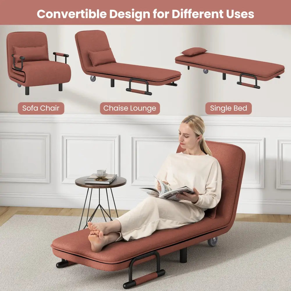 3-in-1 Convertible Sofa Bed with 5-Position Adjustable Backrest and Lumbar Pillow-Brown - Brown - Accent Chairs