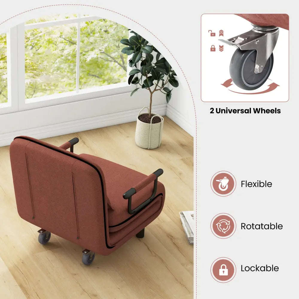 3-in-1 Convertible Sofa Bed with 5-Position Adjustable Backrest and Lumbar Pillow-Brown - Brown - Accent Chairs