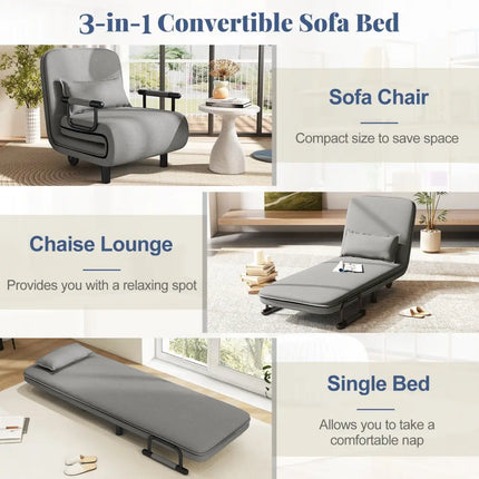3-in-1 Convertible Sofa Bed with 5-Position Adjustable Backrest and Lumbar Pillow-Gray Costway