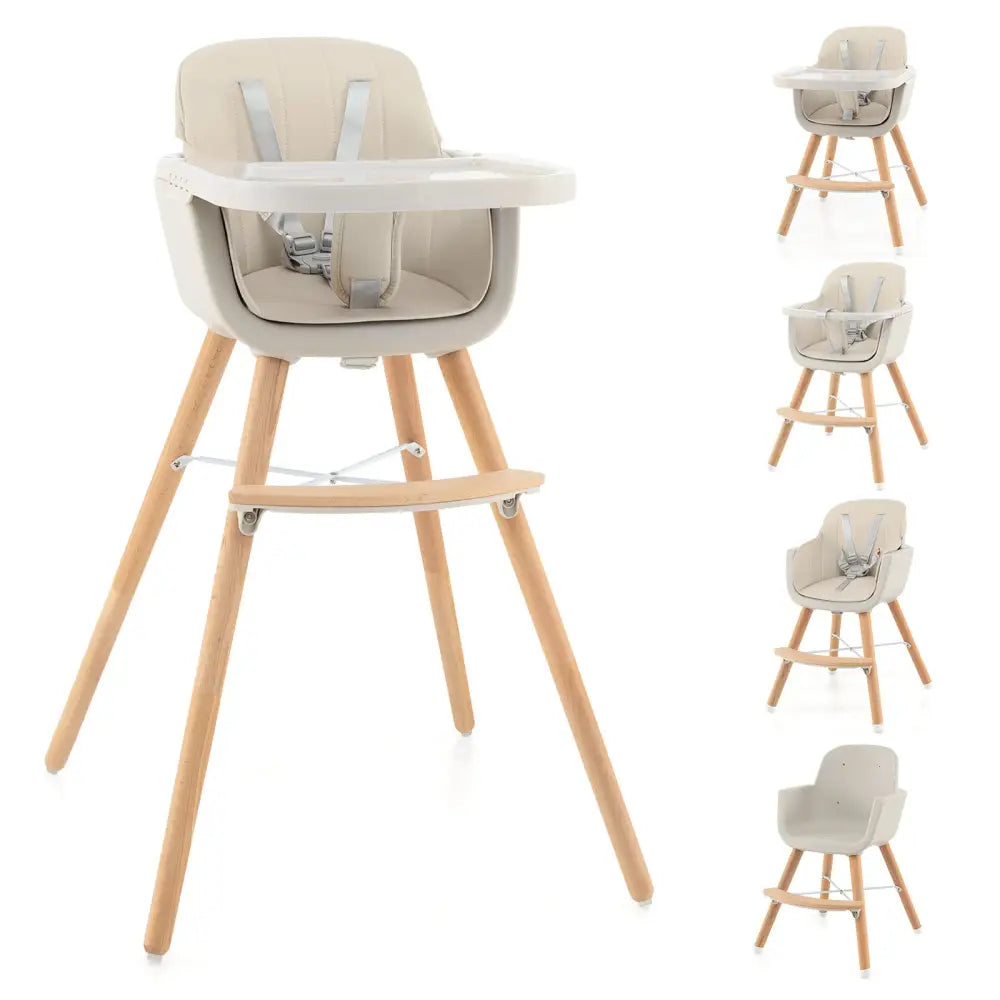 3-in-1 Convertible Wooden High Chair with Cushion-Beige - Beige - High Chairs