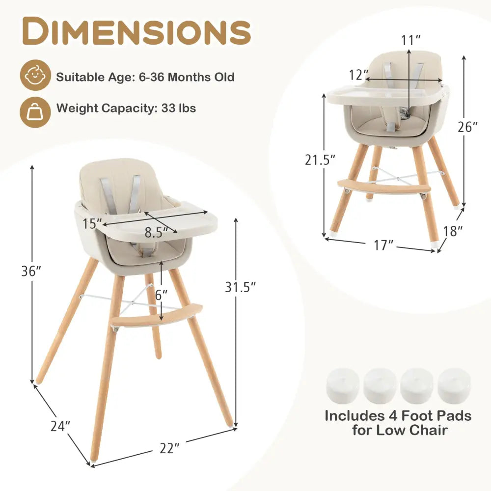 3-in-1 Convertible Wooden High Chair with Cushion-Beige - Beige - High Chairs