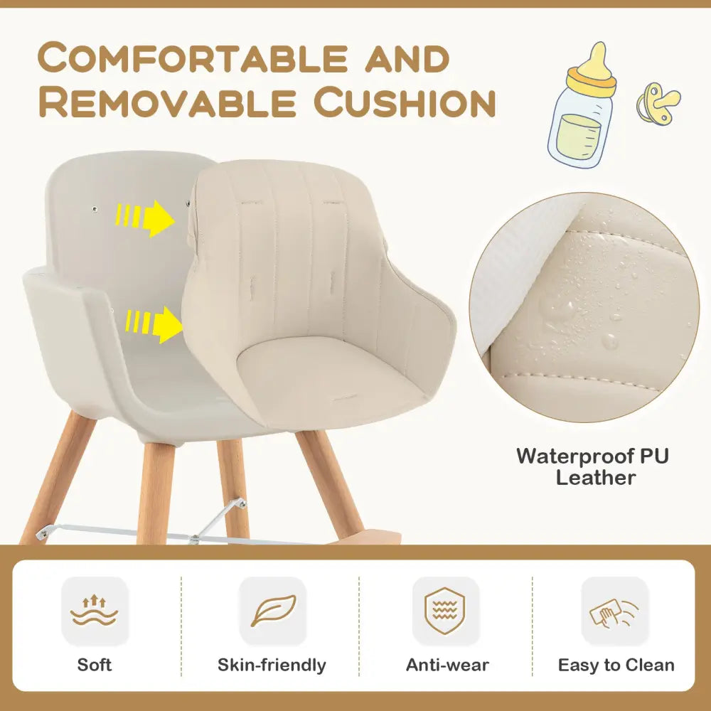 3-in-1 Convertible Wooden High Chair with Cushion-Beige - Beige - High Chairs