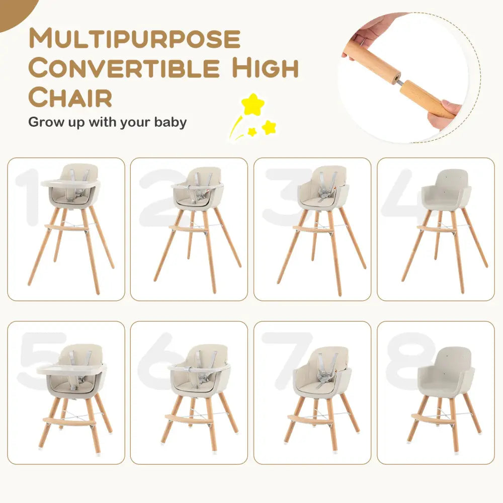 3-in-1 Convertible Wooden High Chair with Cushion-Beige - Beige - High Chairs