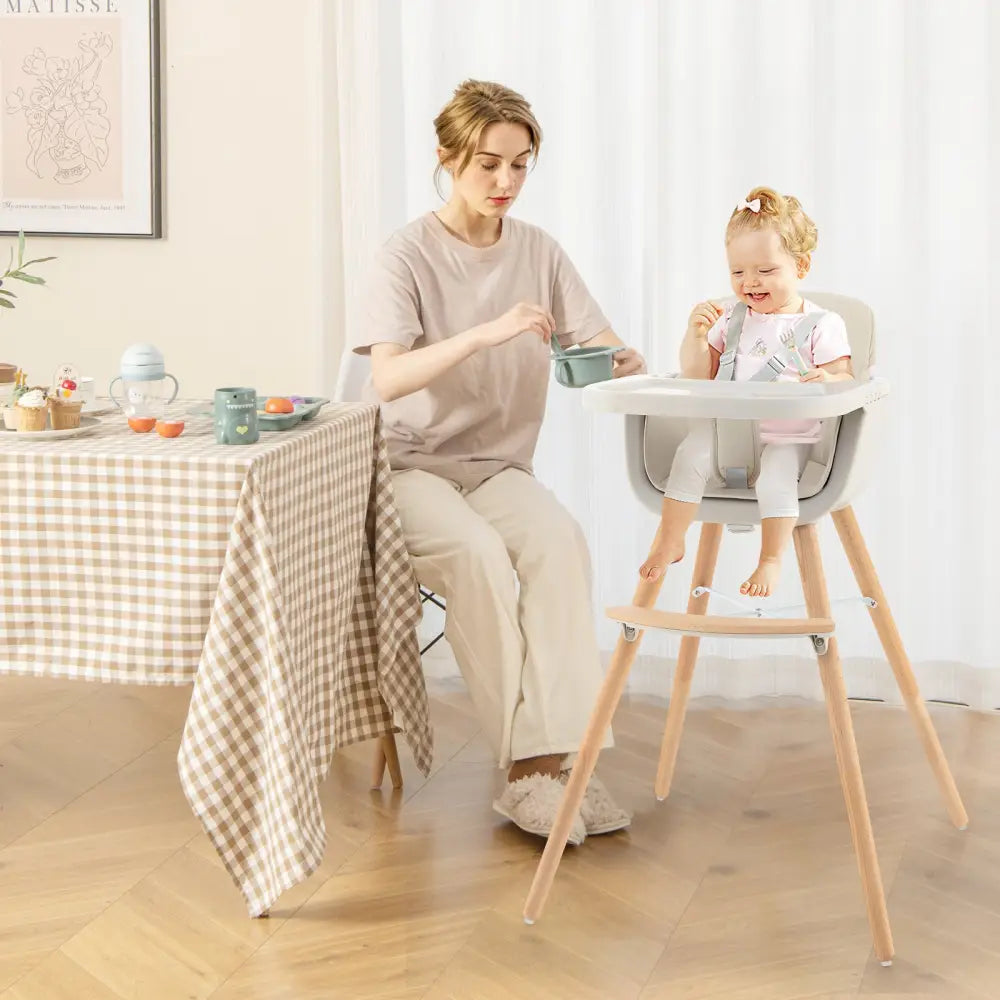3-in-1 Convertible Wooden High Chair with Cushion-Beige - Beige - High Chairs