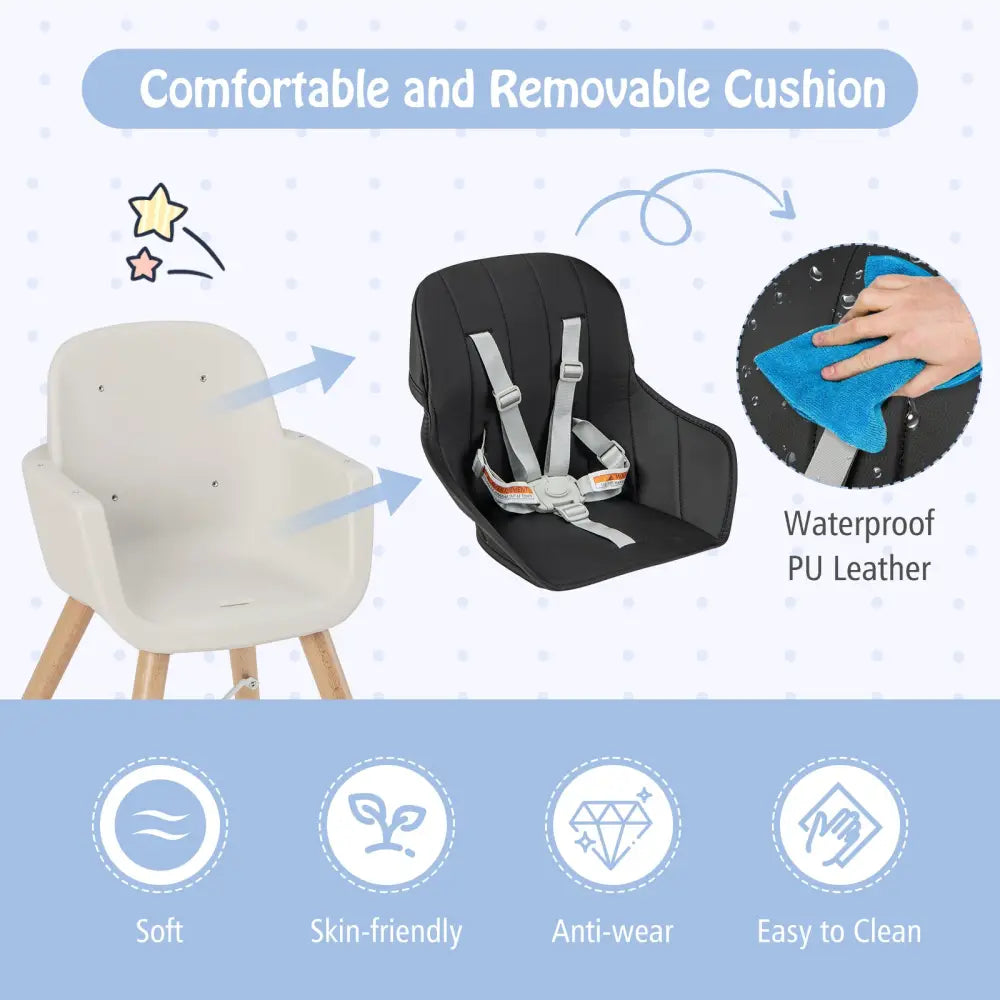 3-in-1 Convertible Wooden High Chair with Cushion-Black - Black - High Chairs