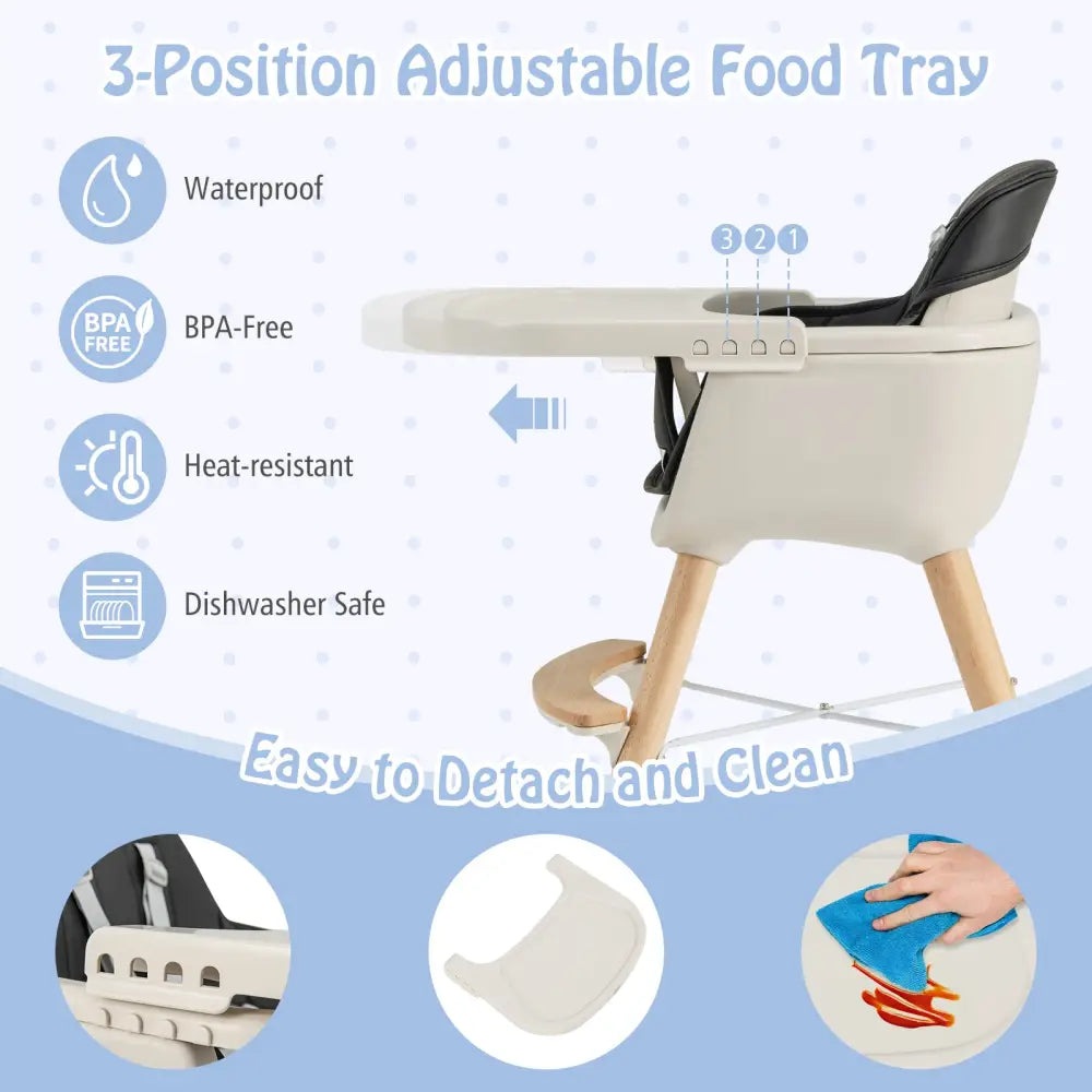 3-in-1 Convertible Wooden High Chair with Cushion-Black - Black - High Chairs