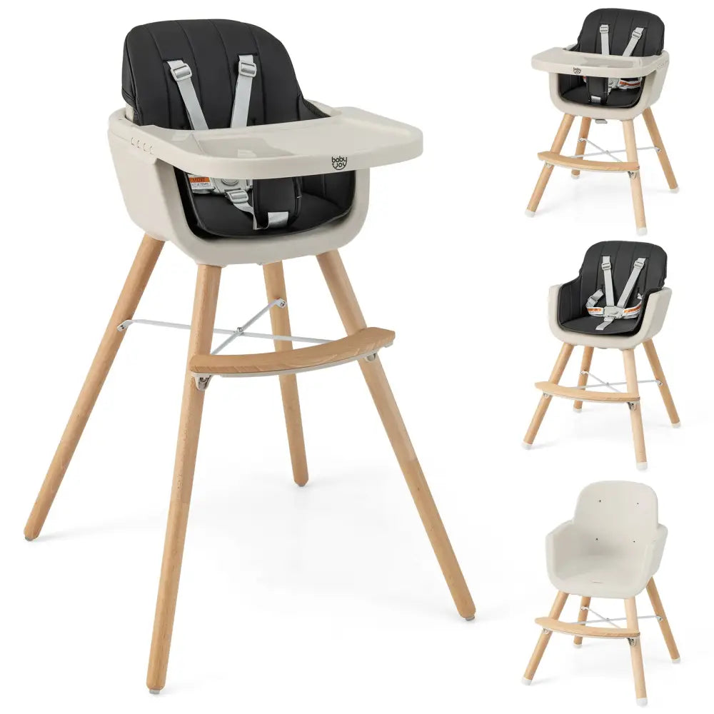 3-in-1 Convertible Wooden High Chair with Cushion-Black - Black - High Chairs