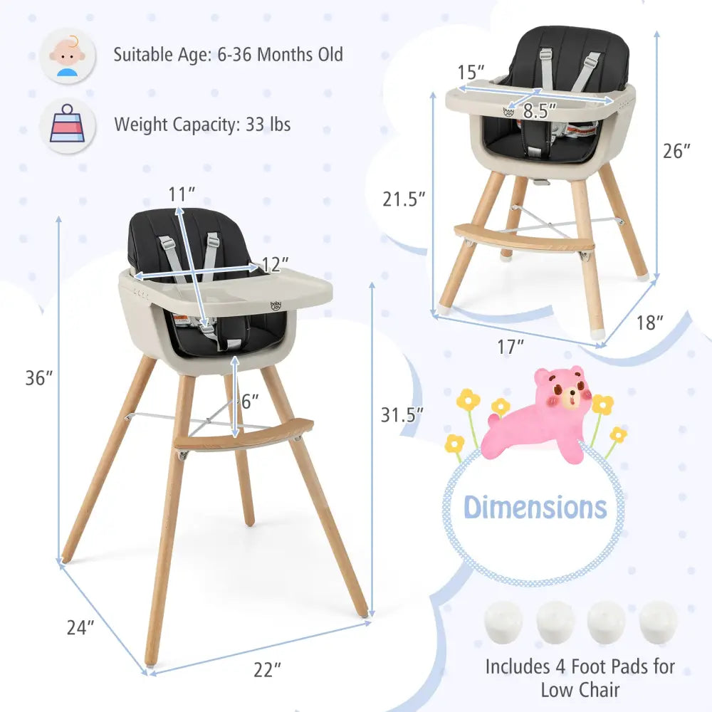 3-in-1 Convertible Wooden High Chair with Cushion-Black - Black - High Chairs