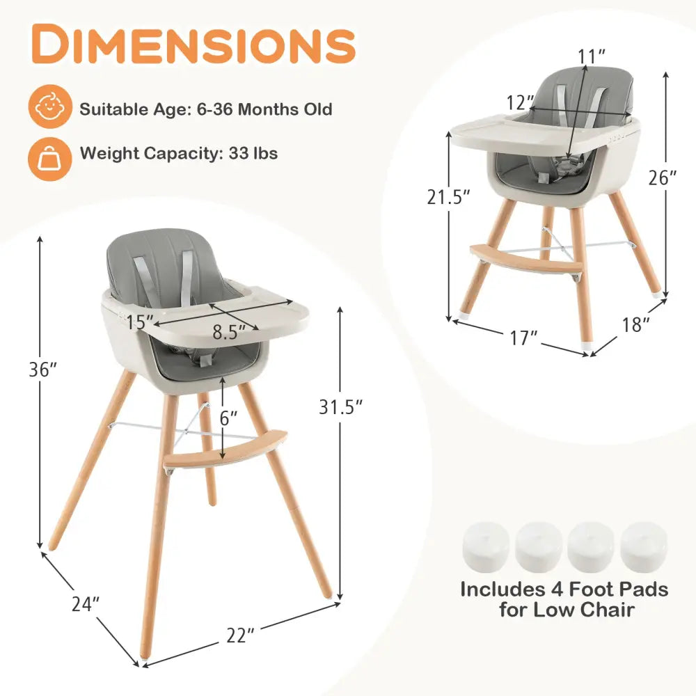 3-in-1 Convertible Wooden High Chair with Cushion-Gray - Gray - High Chairs