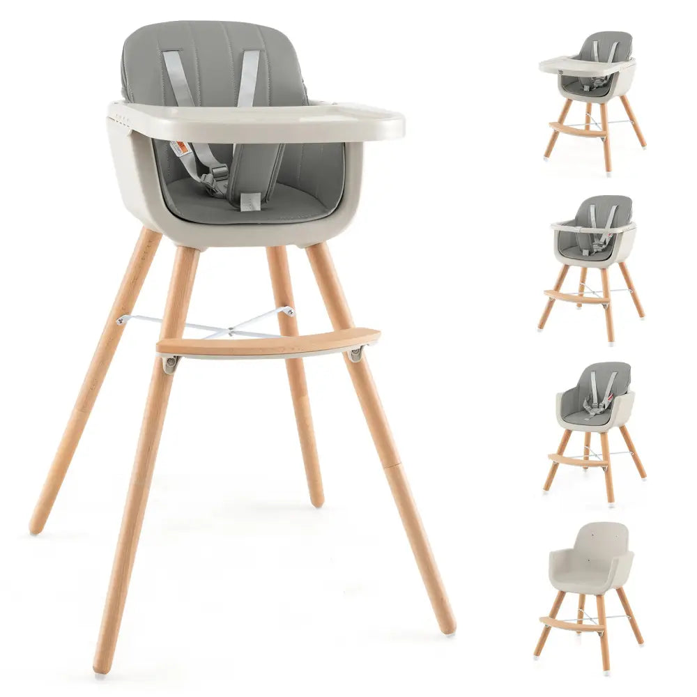 3-in-1 Convertible Wooden High Chair with Cushion-Gray - Gray - High Chairs