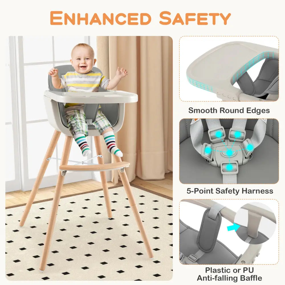 3-in-1 Convertible Wooden High Chair with Cushion-Gray - Gray - High Chairs