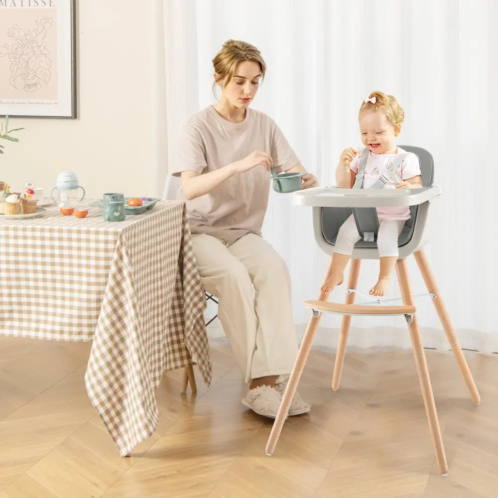 3-in-1 Convertible Wooden High Chair with Cushion-Gray - Gray - High Chairs