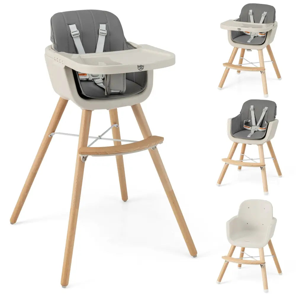3-in-1 Convertible Wooden High Chair with Cushion-Light Gray - Light Gray - High Chairs