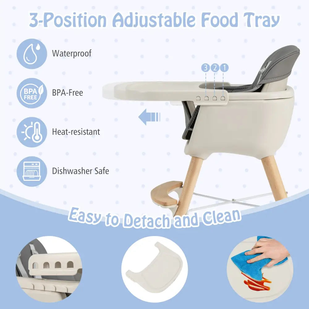 3-in-1 Convertible Wooden High Chair with Cushion-Light Gray - Light Gray - High Chairs