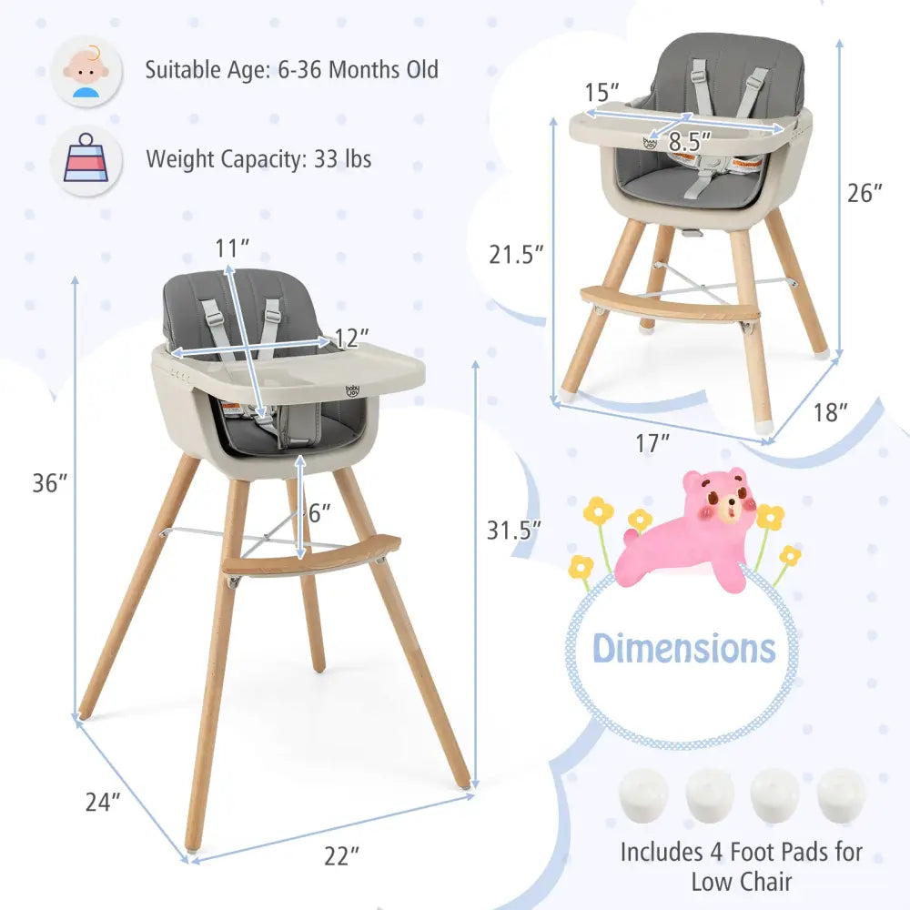 3-in-1 Convertible Wooden High Chair with Cushion-Light Gray - Light Gray - High Chairs