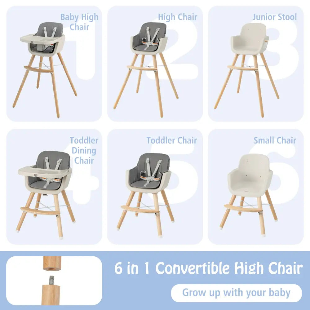 3-in-1 Convertible Wooden High Chair with Cushion-Light Gray - Light Gray - High Chairs