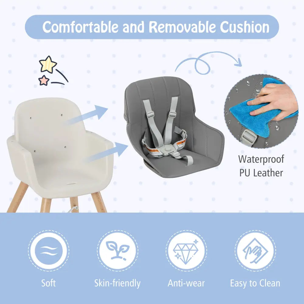 3-in-1 Convertible Wooden High Chair with Cushion-Light Gray - Light Gray - High Chairs