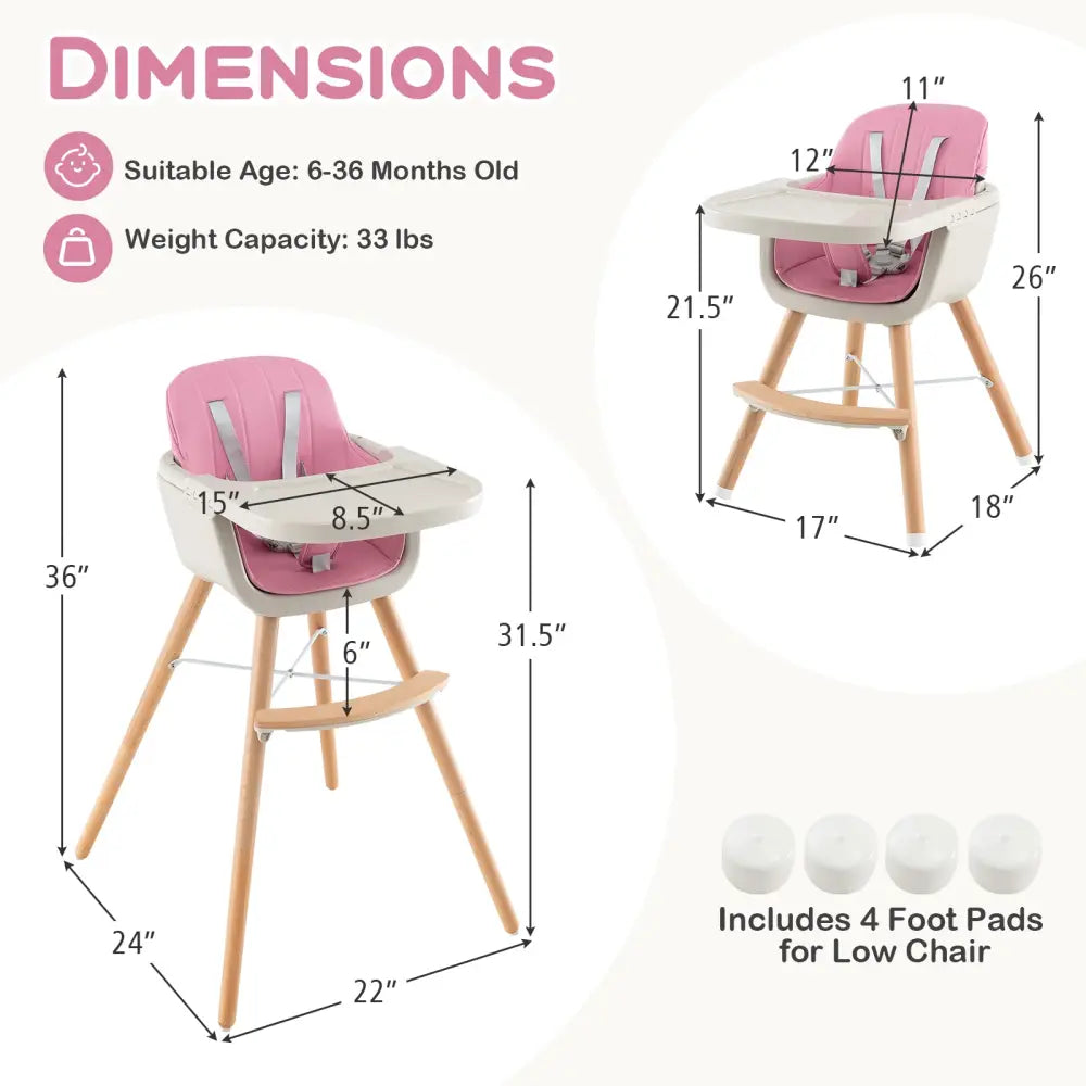 3-in-1 Convertible Wooden High Chair with Cushion-Pink - Pink - High Chairs