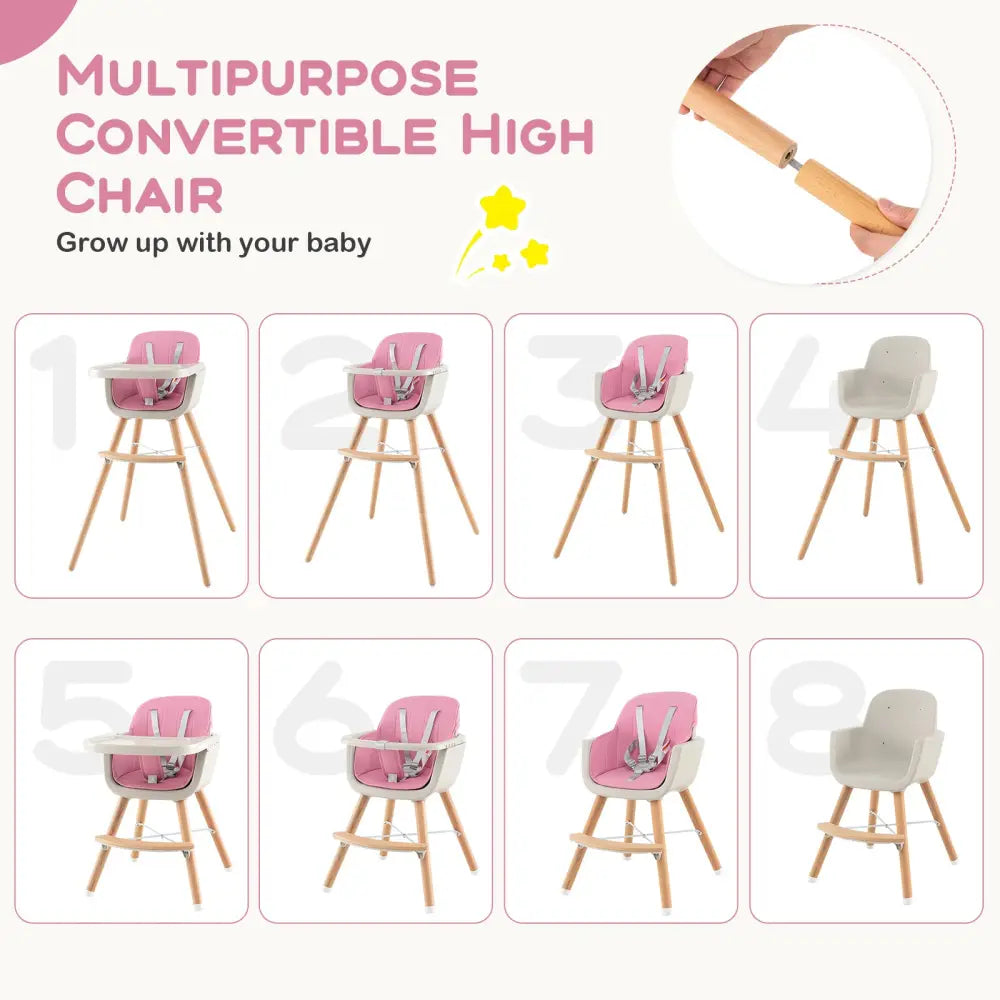3-in-1 Convertible Wooden High Chair with Cushion-Pink - Pink - High Chairs