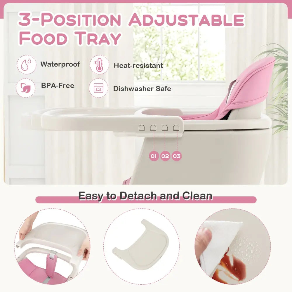 3-in-1 Convertible Wooden High Chair with Cushion-Pink - Pink - High Chairs