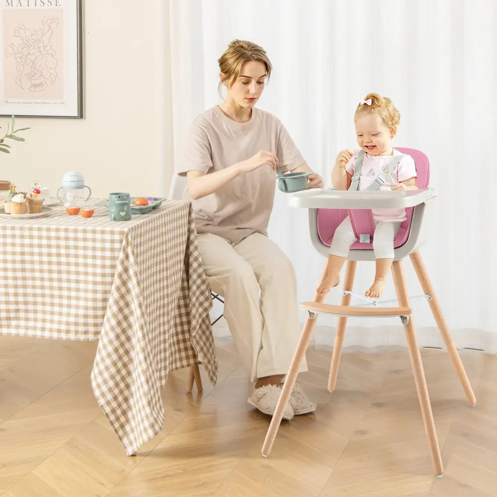 3-in-1 Convertible Wooden High Chair with Cushion-Pink - Pink - High Chairs