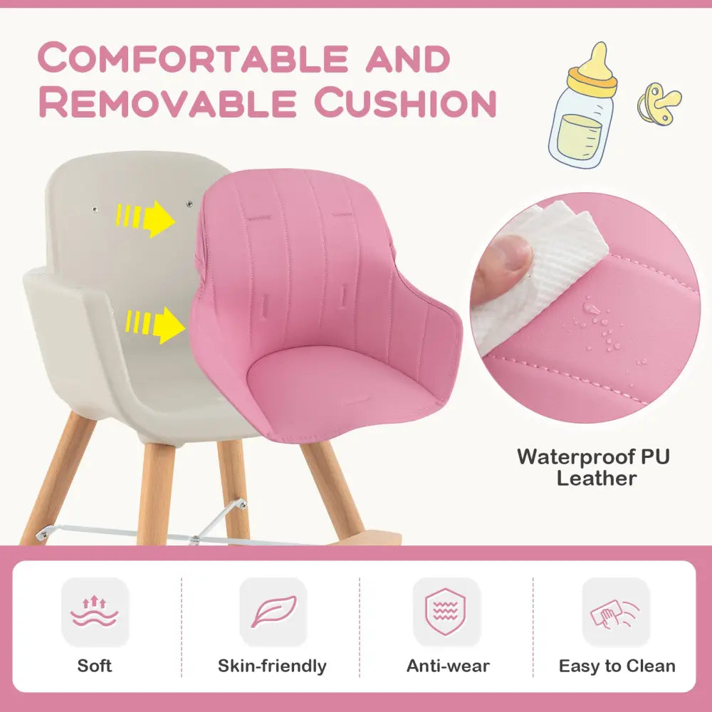 3-in-1 Convertible Wooden High Chair with Cushion-Pink - Pink - High Chairs