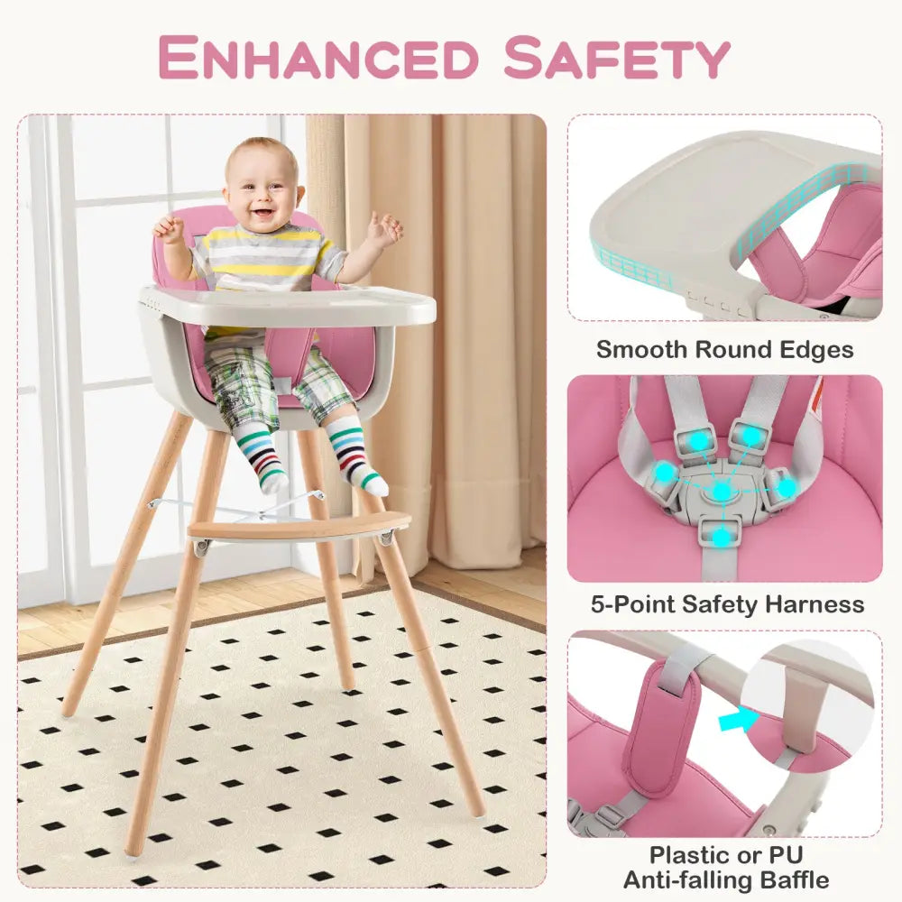 3-in-1 Convertible Wooden High Chair with Cushion-Pink - Pink - High Chairs