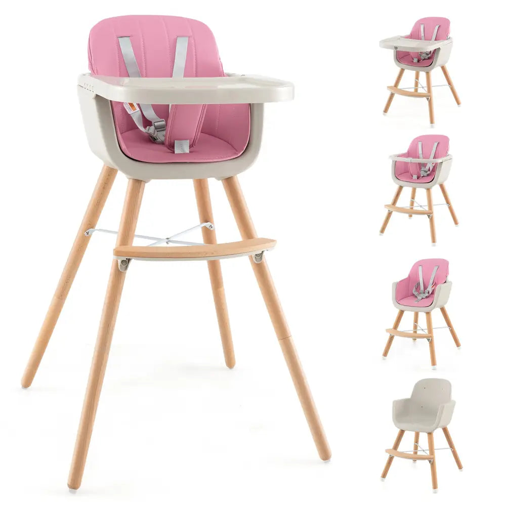 3-in-1 Convertible Wooden High Chair with Cushion-Pink - Pink - High Chairs