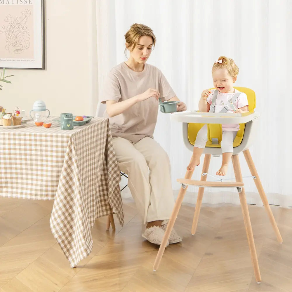 3-in-1 Convertible Wooden High Chair with Cushion-Yellow - Yellow - High Chairs