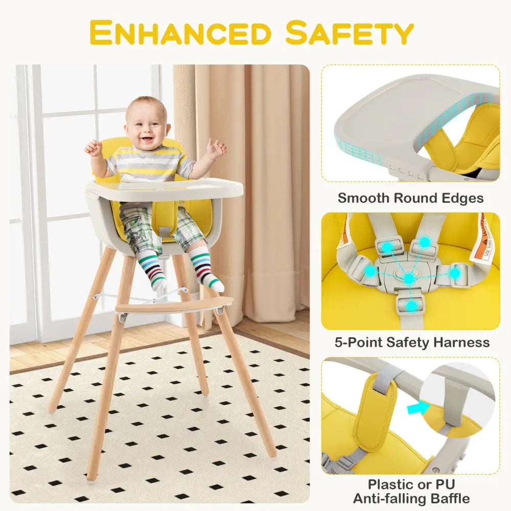 3-in-1 Convertible Wooden High Chair with Cushion-Yellow - Yellow - High Chairs