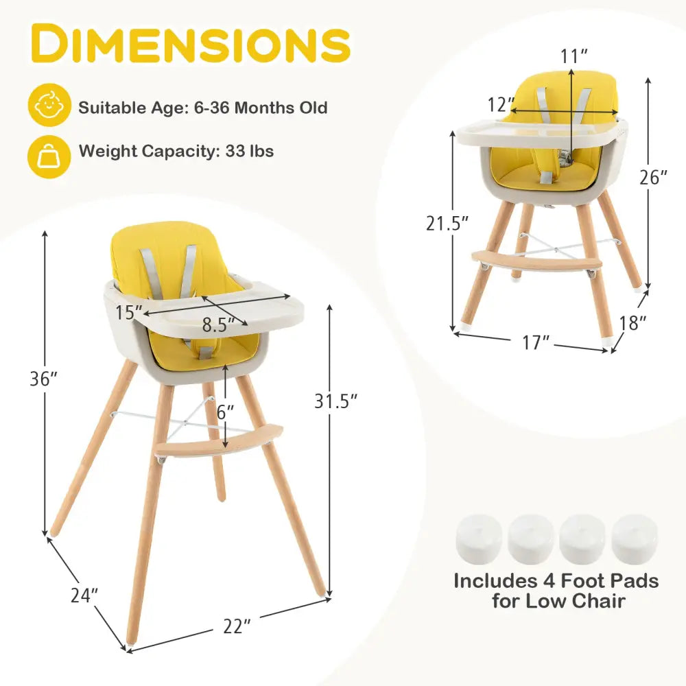 3-in-1 Convertible Wooden High Chair with Cushion-Yellow - Yellow - High Chairs