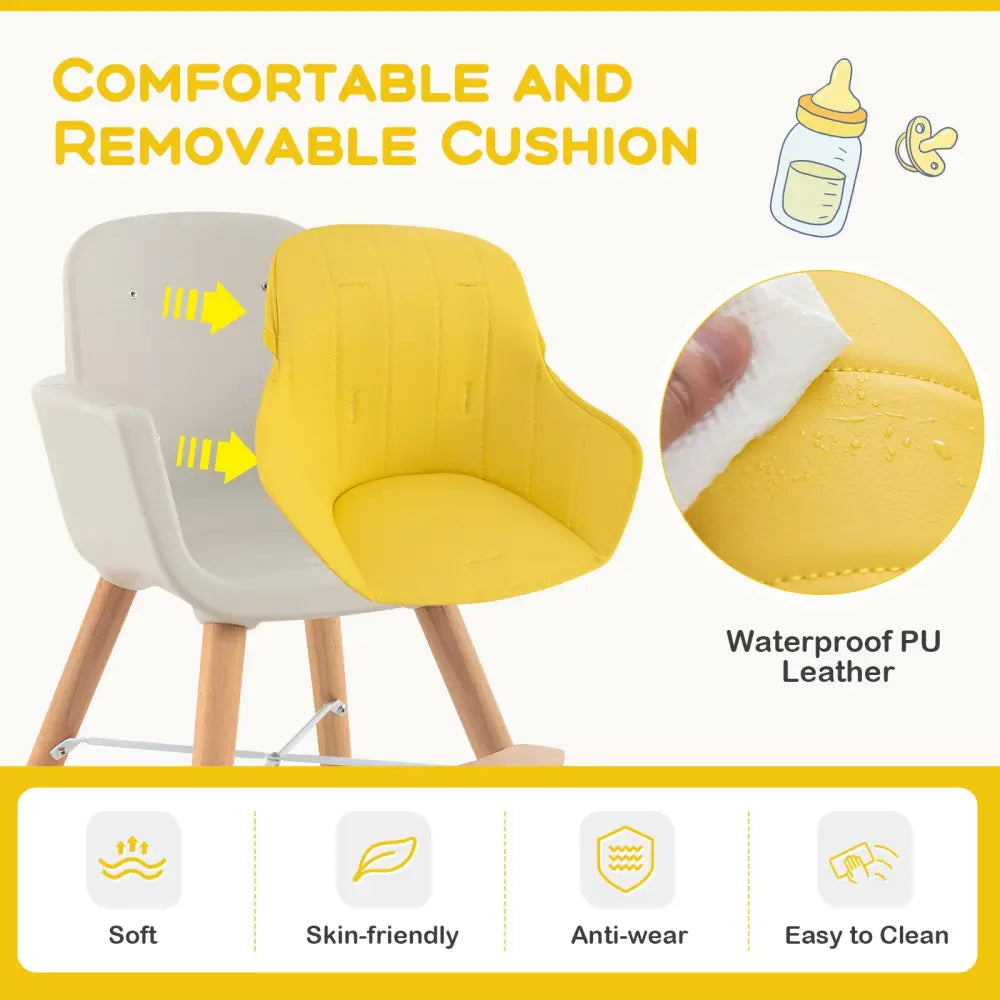 3-in-1 Convertible Wooden High Chair with Cushion-Yellow - Yellow - High Chairs