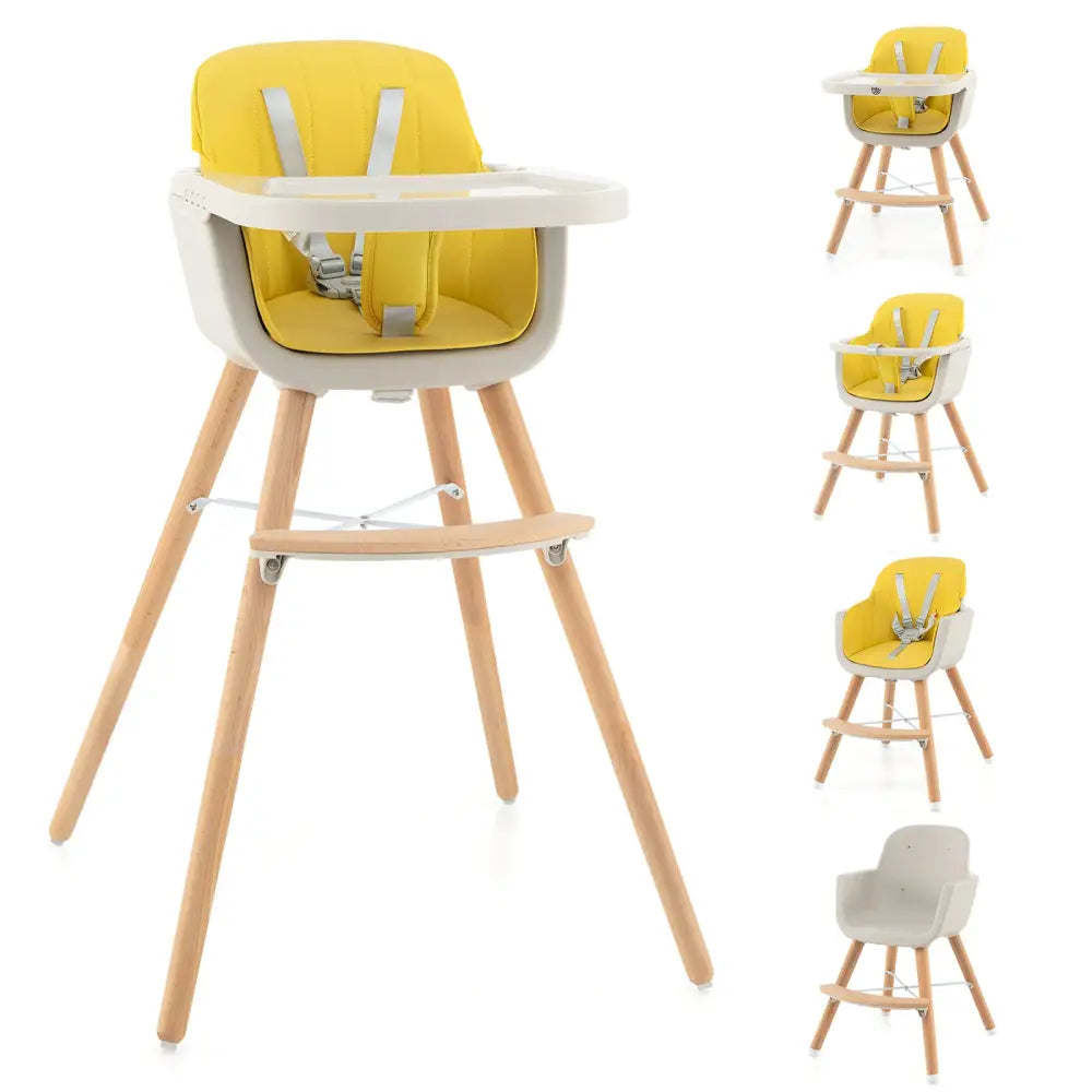 3-in-1 Convertible Wooden High Chair with Cushion-Yellow - Yellow - High Chairs